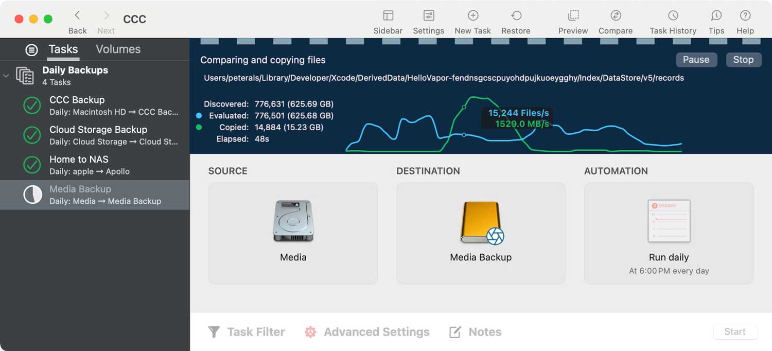 Carbon Copy Cloner main window during a live backup task